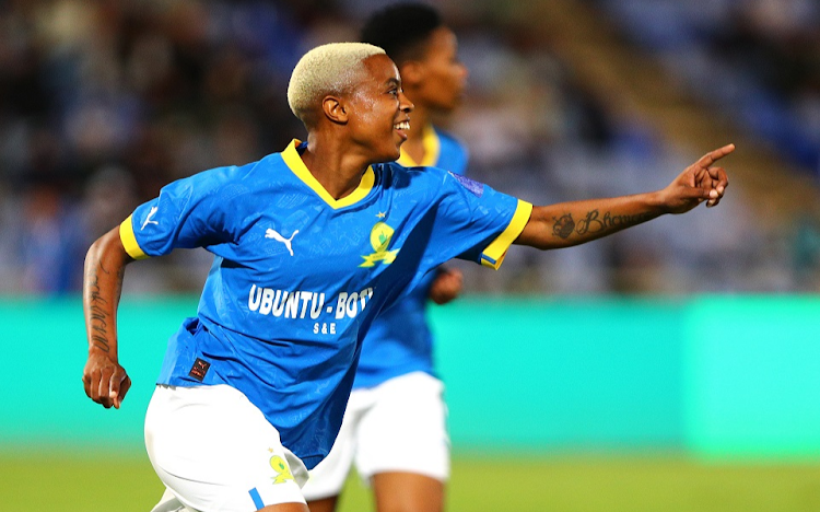 Lelona Daweti of Mamelodi Sundowns celebrates scoring her goal in the 2022 Caf Women’s Champions League match against TP Mazembe at Stade de Marrakesh in Marrakesh, Morocco, on November 6 2022.