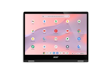 Sicht von vorn auf ein umgeklapptes Acer Chromebook Spin 713 mit Blick auf den Apps-Bildschirm und nach unten zeigender Tastatur