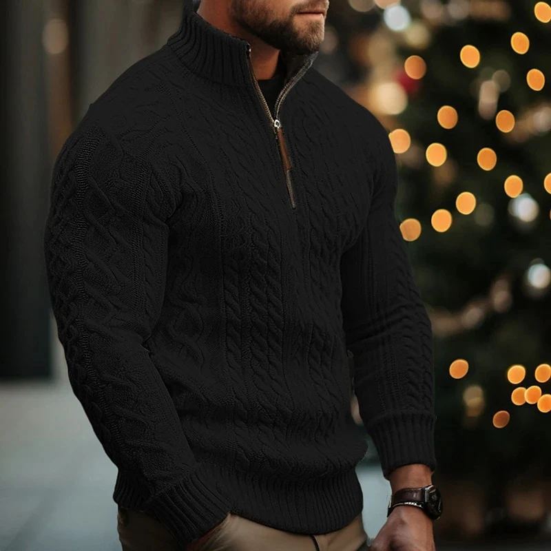 Manteau en maille pour homme à demi-zip, couleur unie, pull épais torsadé, idéal pour un look chaleureux et tendance.