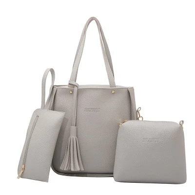 Bolsa de ombro feminina europeia, com borla, conjunto de três peças, mensageiro e laptop, perfeita para atacado.