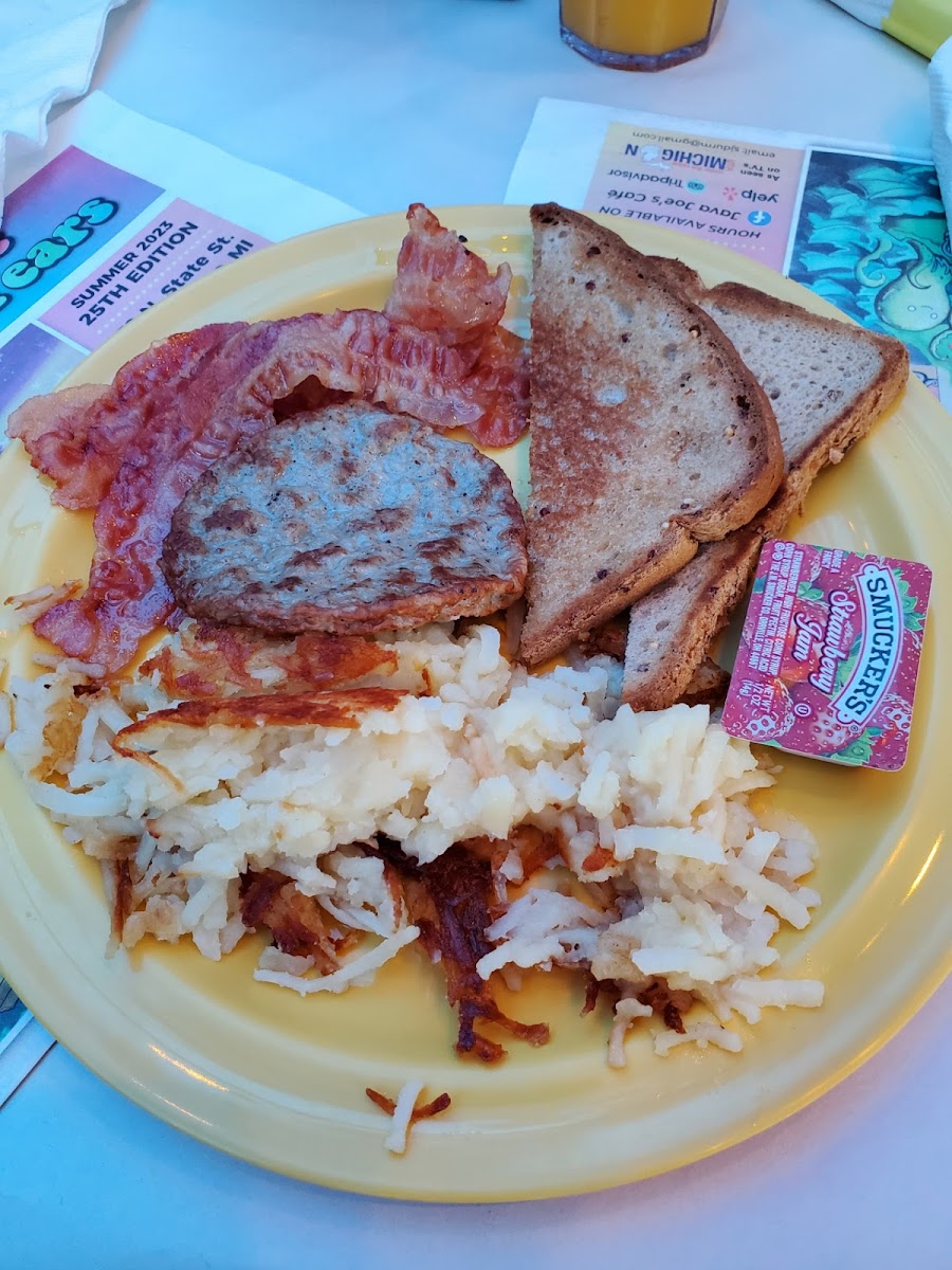 Traditional Breakfast, sans eggs (added extra meat instead). Subbed GF toast.