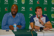 Luc Eymael, Head coach of Free State Stars and Mr Rantsi Mokoena, the club's general manager during the 2018 Nedbank Cup Training and media opportunity with Free State Stars at Free State Stars Academy, Bethlehem. 
