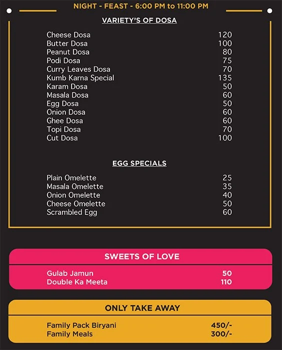 Kumbha Karna Dosa & Chicken menu 