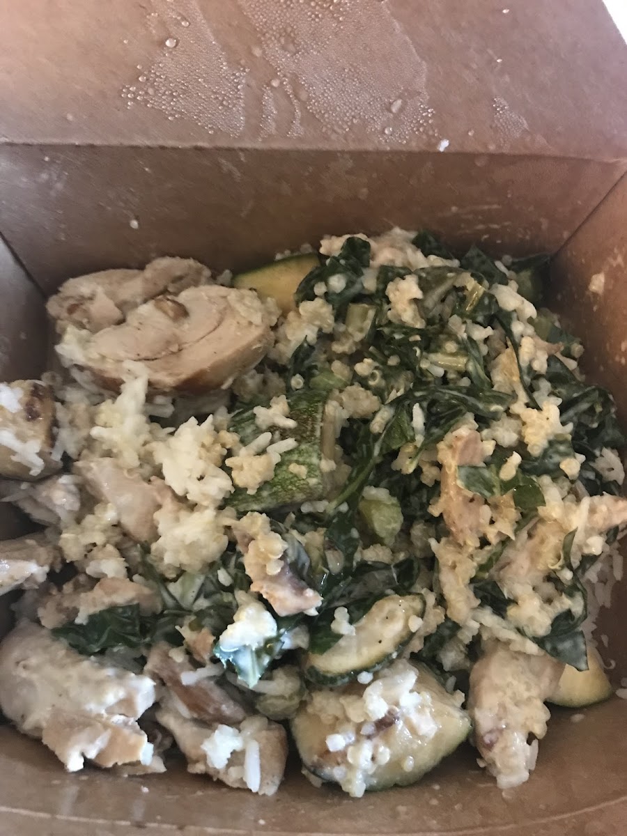 Organic rice, organic quinoa, chicken, zucchini and greens in garlic aioli. I stirred it….it was more pretty…lol