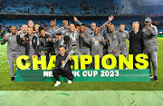 Orlando Pirates coach Jose Riveiro celebrates with his technical staff after wining the Nedbank Cup final against Sekhukhune United at Loftus Versfeld on March 27 2023.