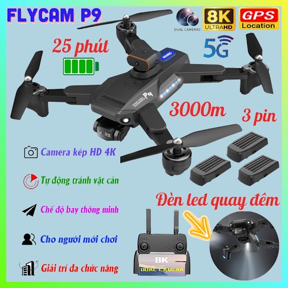 Flycam Giá Rẻ P9 Pro Max, Play Cam Tốt Hơn Flycam K101 Max - May Bay Dieu Khien Có Cảm Biến Tránh Vật Cản, Pin Trâu