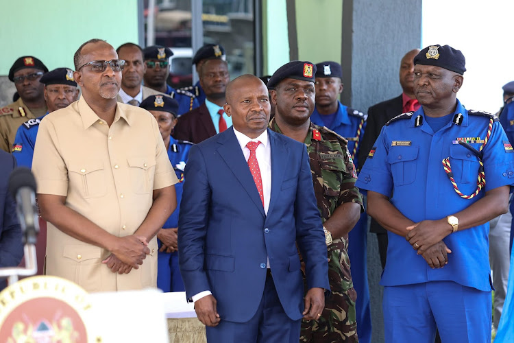 Defence CS Aden Duale and Interior CS Kithure KIndiki during the handover of the National Police Service Level 4 Hospital along Mbagathi Way on May 17, 2024.