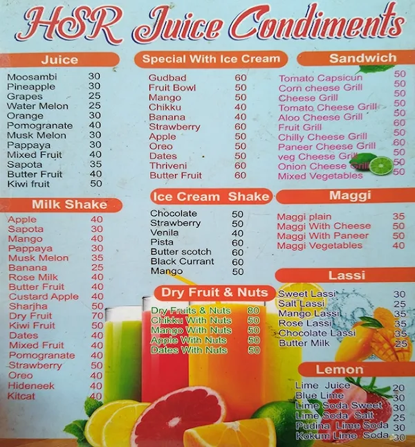 HSR Juice & Chats menu 