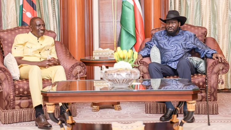 President William Ruto with his South Sudan counterpart Salva Kiir in Riyadh, Saudi Arabia on November 11, 2023.