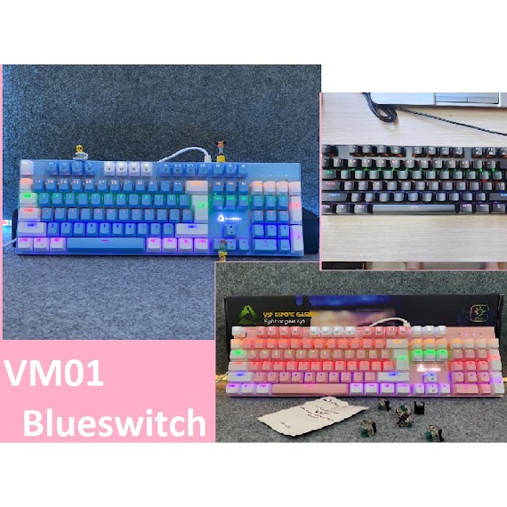 Bàn Phím Cơ Blueswitch Vsp Esport Gaming Vm01 Led Hồng Xanh Đen Tặng Pad Chuột 28X30 - Kl95 Kê Tay