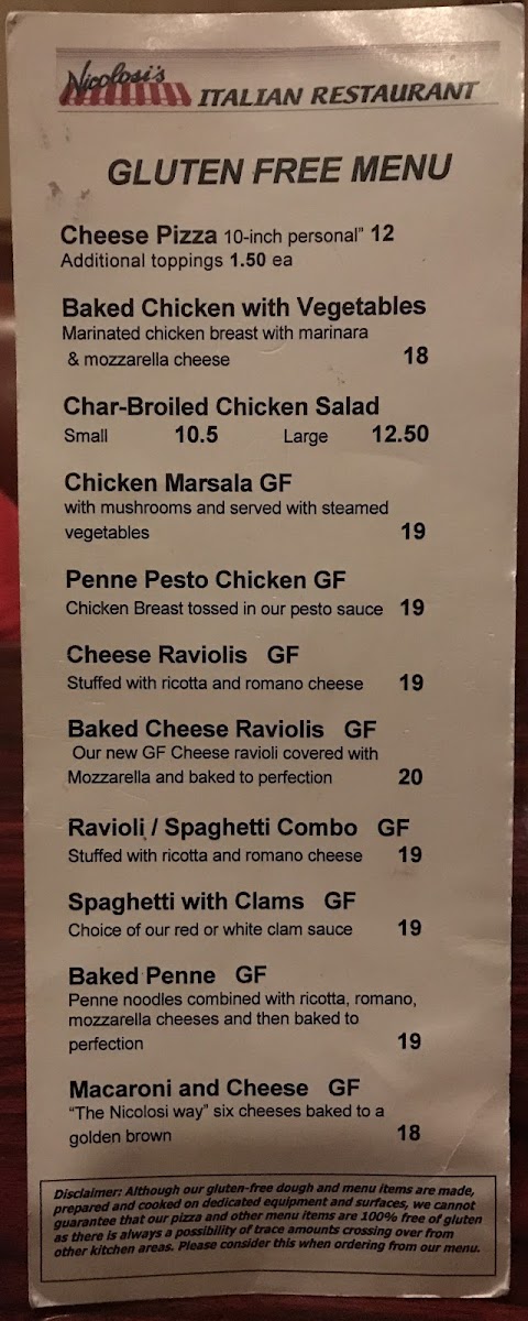 Gluten Free Menu