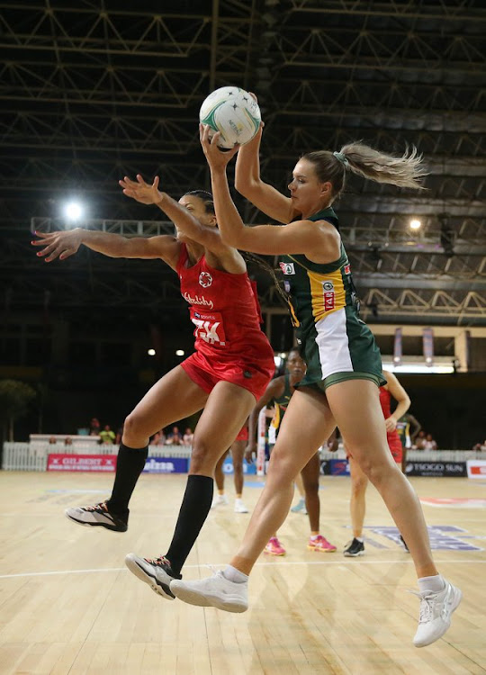 Proteas Netball goal Lenize Potgieter fights for the ball with England Roses goalkeeper Stacey Francis during their Spar Challenge International Test Series match at the Bellville Velodrome in Cape Town.