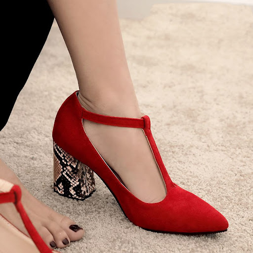 Title 6, High heeled shoes with thong buckle for a styli...