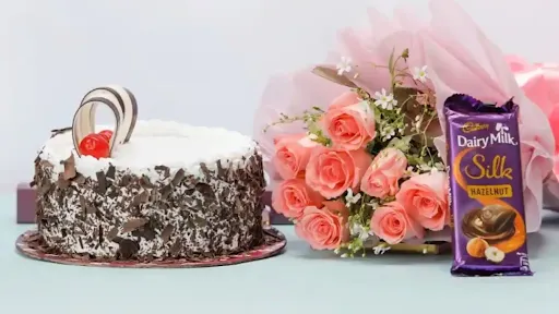Black Forest Cake With 10 Rose Bunch And 1 Dairy Milk