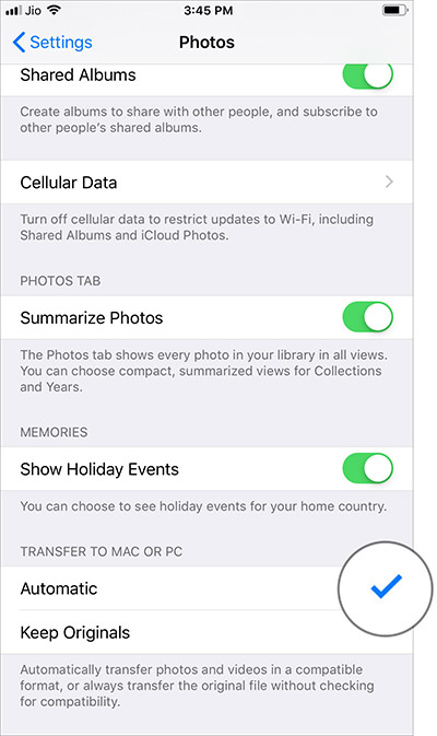 Select Automatic to convert iPhone photos to JPEG when transferring to a Mac or Windows PC