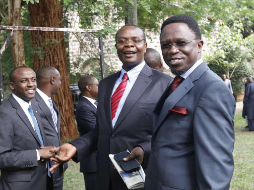 Former ODM vice chairman Paul Otuoma and former secretary general Ababu Namwamba at Wiper headquarters on Janury 15 / MONICAH MWANGI