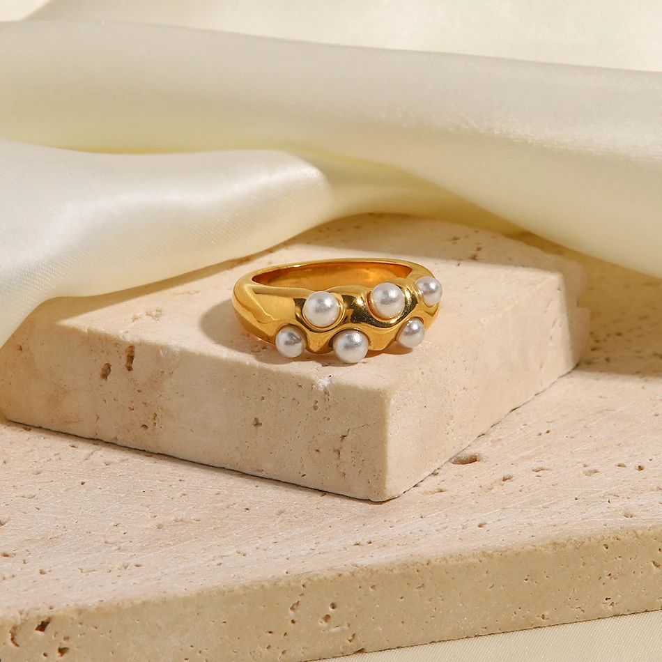 French Style Vintage Ring 18K Gold Stainless Steel Pearl. Elegant Women's Jewelry. Perfect Gift for Her. Timeless Sophis