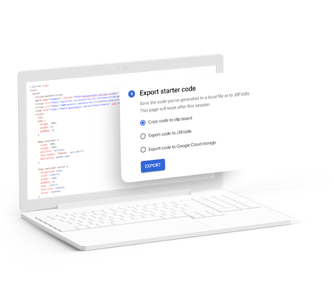Laptop con un módulo que muestra “Export starter code”