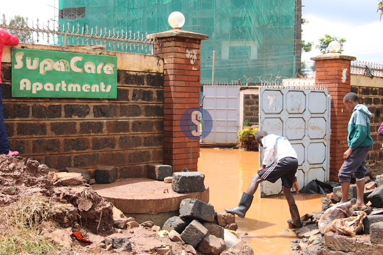 Supa Care apartments entrance flooded following a heavy downpour on Tuesday at Ruaka, Kiambu on April 24, 2024