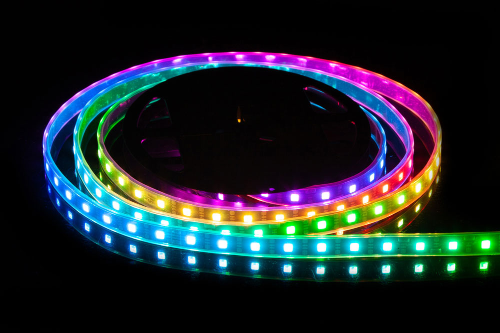 RGB LED strip on a reel with black background