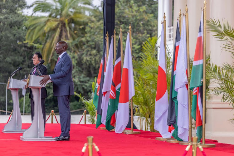 President William Ruto and Japan PM Kishida Fumio during a joint briefing on May 3,2023.