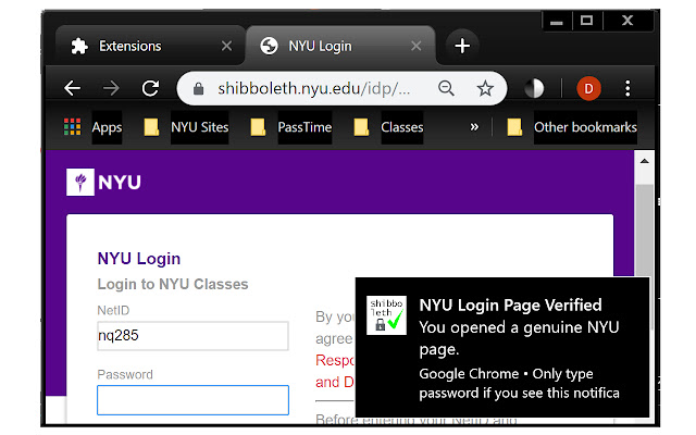 NYU Login Page Verify chrome extension