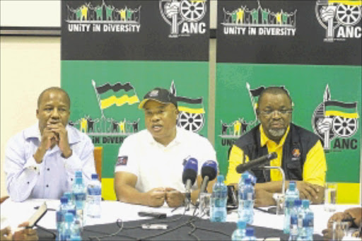 NEW COURSE: ANC political school head Tony Yengeni is flanked by spokesman Jackson Mthembu and secretary-general Gwede Mantashe at a political education meeting for the party's NEC members outside Pretoria yesterday. PHOTO: SIBUSISO MSIBI