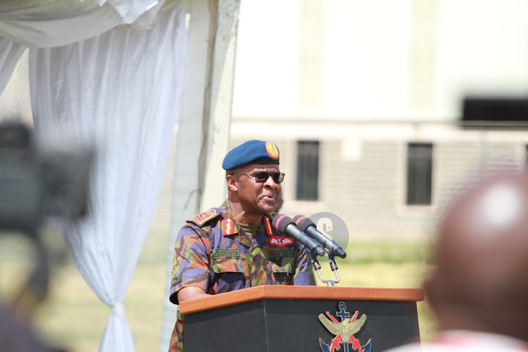 Chief of Defence Forces Francis Ogolla addresses KDF troop from the Democratic Republic of Congo after they arrived at the Embakasi Garrison in Nairobi on December 21, 2023.