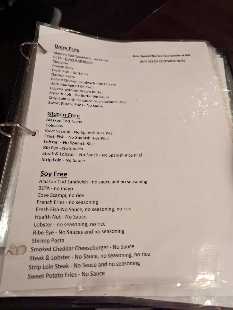 Moonstone Beach Bar & Grill gluten-free menu