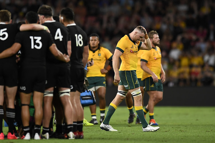 Lachie Swinton of the Wallabies walks off the field after being sent off during the 2020 Tri-Nations match against the New Zealand All Blacks at Suncorp Stadium on November 7, 2020 in Brisbane