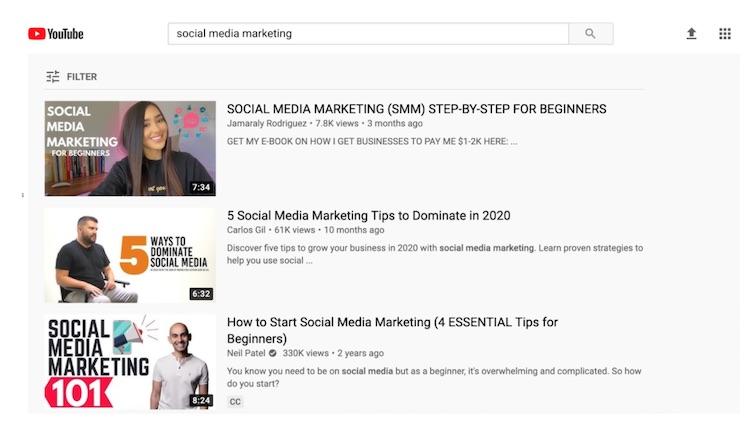 Resultados de búsqueda de YouTube para marketing en redes sociales