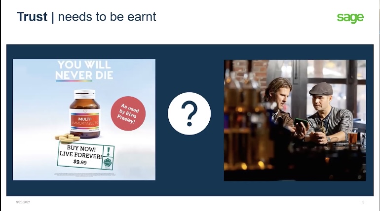 An advertisement of pills which says "you will never die, buy now and live forever- as used by Elvis Presley" with a question mark, and then a picture of two men at a pub, with the first man showing the second man something on his phone. 