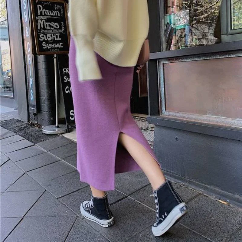 Delikatna spódnica z dzianiny w stylu hip, jednoczęściowa, z rozcięciem, nowa, połowa spódnicy, elegancka i wygodna, idealna na wiele okazji.