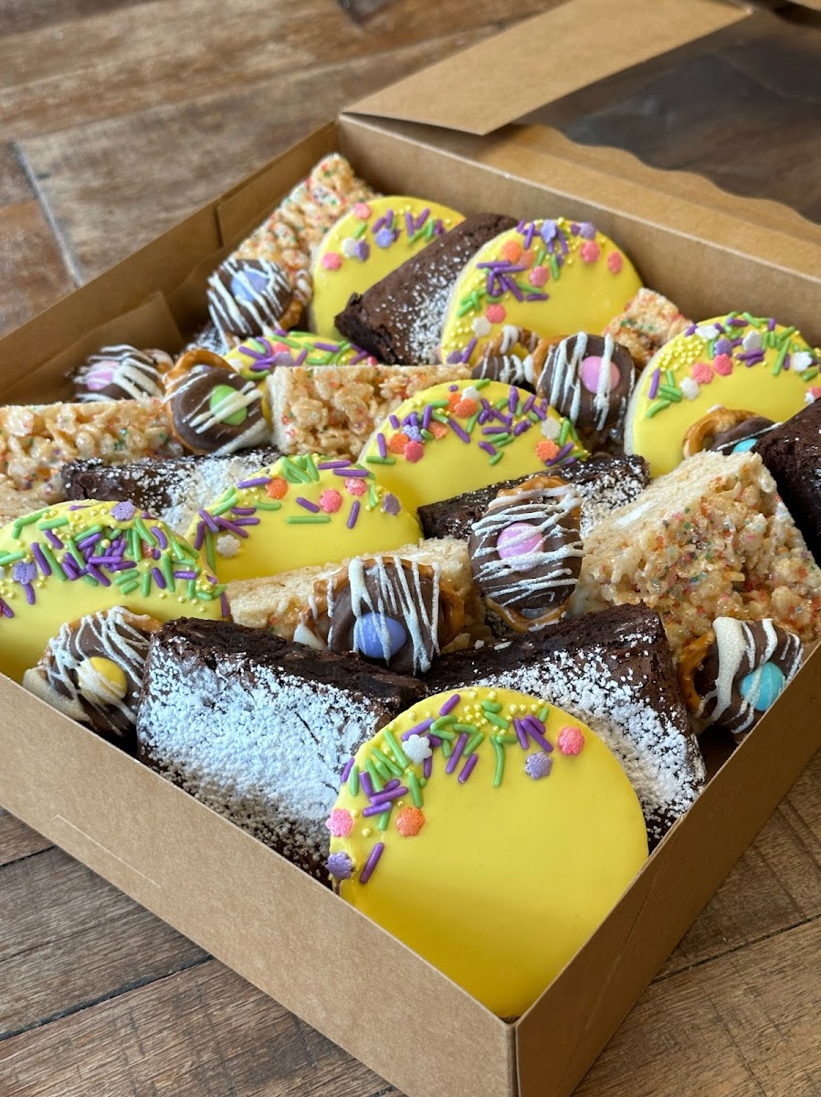 Celebration Box (Rice Krispie Treats, Fudge Brownies, Vanilla Sugar Cookies & Chocolate Caramel Pretzel Bites; Gluten & Nut Free)