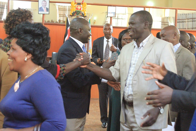 Baringo County Assembly members celebrate after approvingRichard Koech as clerk on Tuesday.