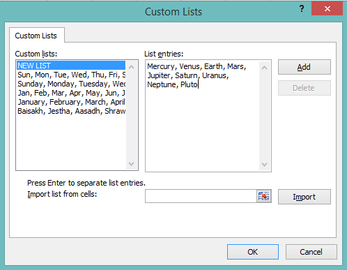 new custom list entries in excel