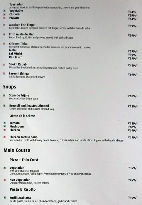The Corinthians Resort and Club menu 