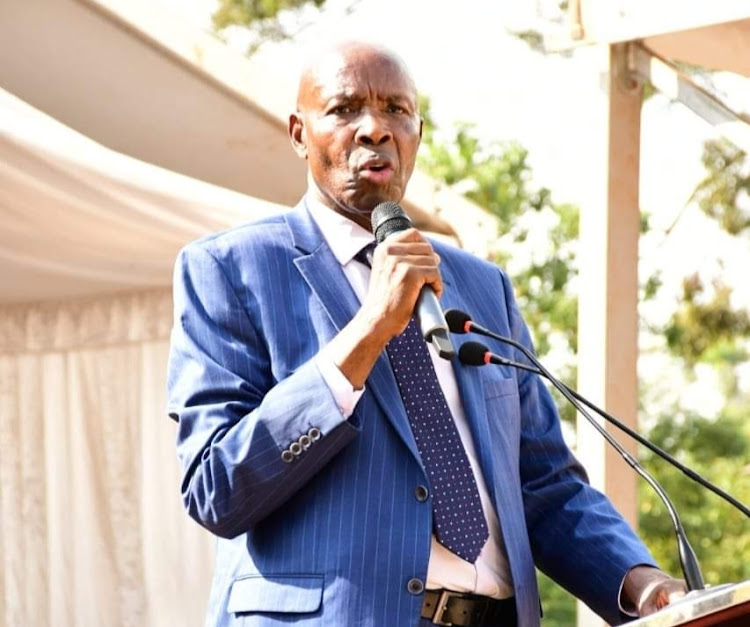 Education Cabinet Secretary Ezekiel Machogu addressing stakeholders at Mumbi grounds in Murang'a during the county education day on January 14, 2024.