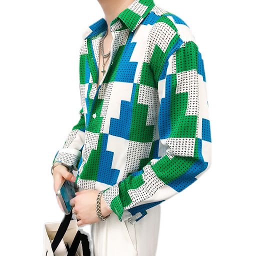 Title 2, Mens Long Sleeve Printed Shirt with Color Cont...