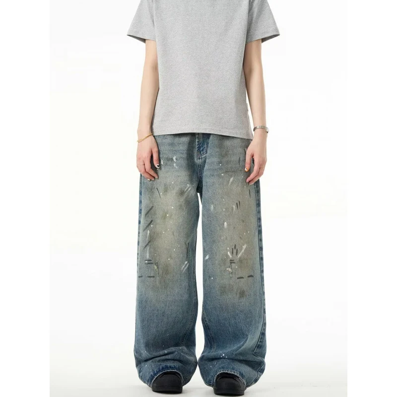 Splash-ink Muške Farmerke Retro Ispirane, Oštećene, Široke Ravne Pantalone. Udobne i moderne farmerke za ležeran izgled, savršene za svakodnevnicu.