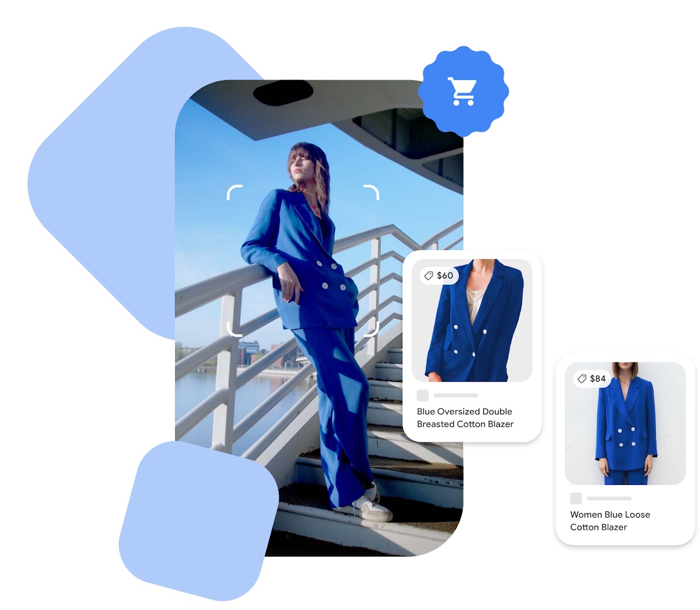 A shopping use case featuring an LVF view of a woman in a blue blazer with overlaying shapes, icons, and product cards.