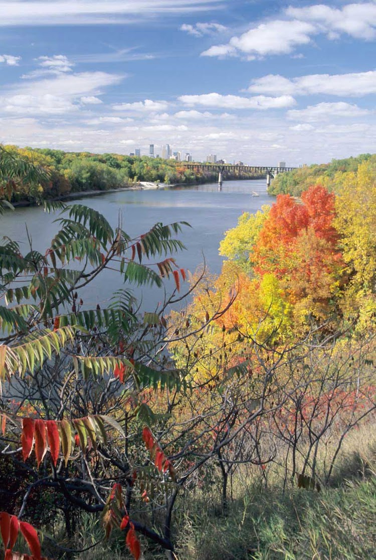 The northern Mississippi River and skyline of Minneapolis, Minn., during autumn. See it on an American Cruise Lines sailing.  