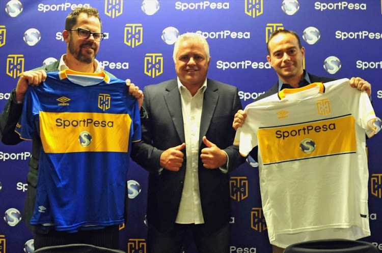 Nick Ferguson (Director of SportPesa SA), John Comitis (Chairman) and Gene Grand (Director of SportPesa) during the Cape Town City FC sponsorship announcement press conference at Cape Town Stadium.