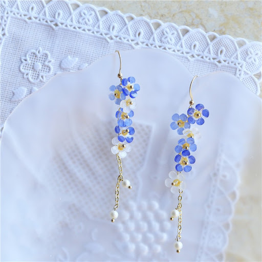 Title 2, Dont Forget Me Flower Tassel Long Earrings, a ...