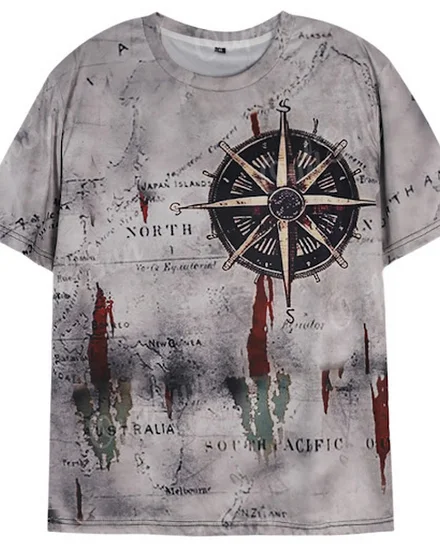 Men's Vintage Nautical Map Compass Print T-Shirt Summer D... - 1