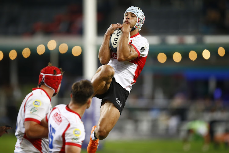 Edwill van der Merwe rises high during the Lions' defeat to the Sharks in Durban.