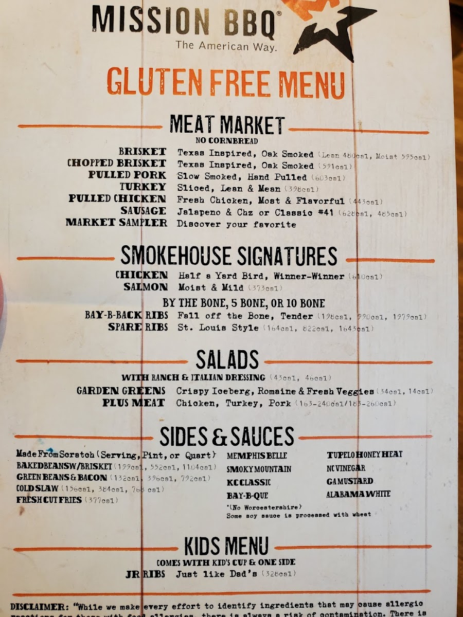 Mission BBQ gluten-free menu