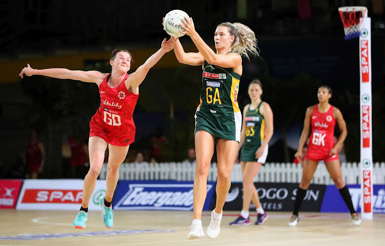 Lenize Potgieter of the SPAR Proteas and Kate Shimmin of the Vitality Roses in action during the 3rd Challenge International Netball Test Series at Bellville Velodrome on December 01, 2019 in Cape Town