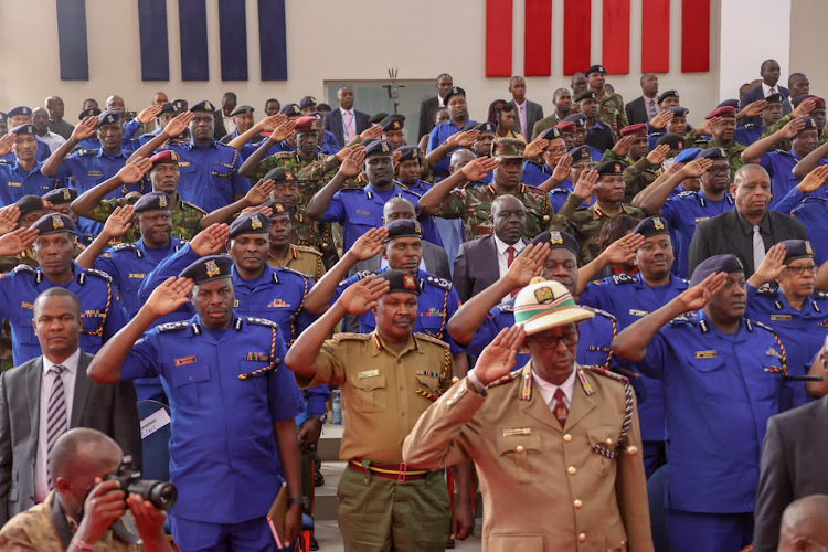 Police officers at the official opening of the Leadership Academy in Kajiado county on Wednesday