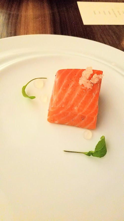 Roe PDX - Salmon course, with gin and tonic inspired botanical flavors